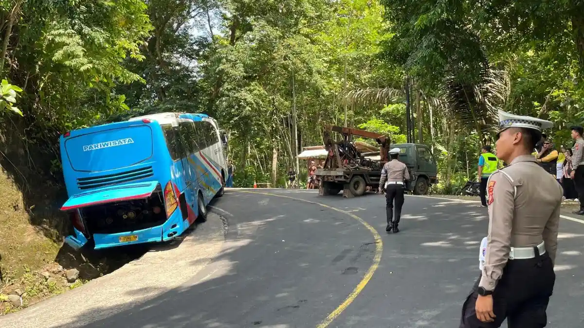 Ada Bus Pariwisata Terperosok, Arus Lalin di Jalan Nasional Pangandaran-Kalipucang Sempat Macet