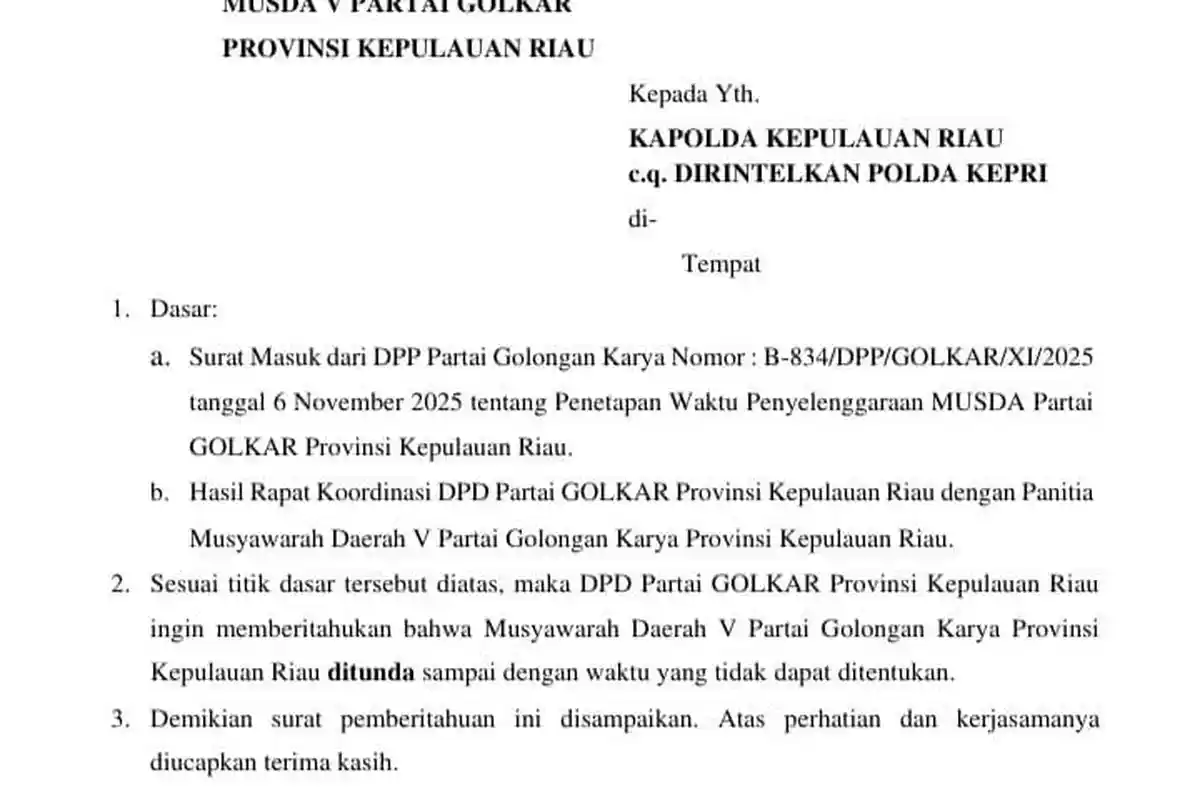 Breaking News, Golkar Kepri Tunda Musda V Hingga Batas Waktu Belum Ditetapkan