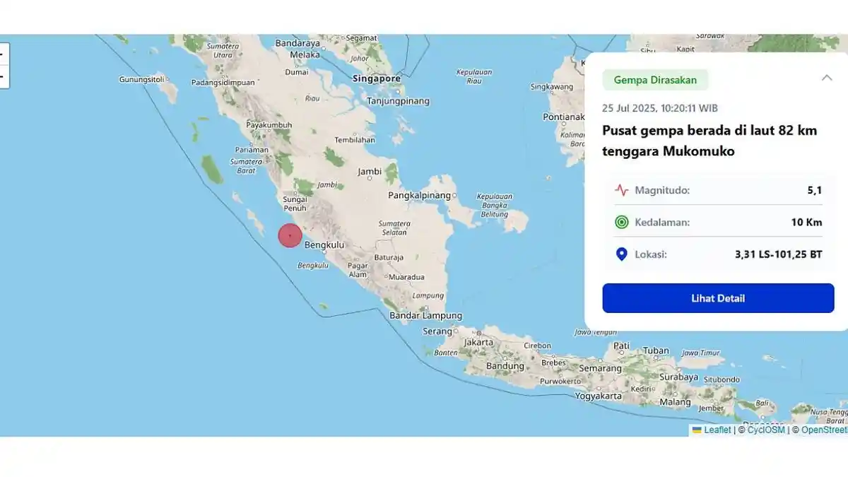 Gempa M 5,1 Guncang Bengkulu Siang Ini, BMKG: Pusat Gempa di Laut