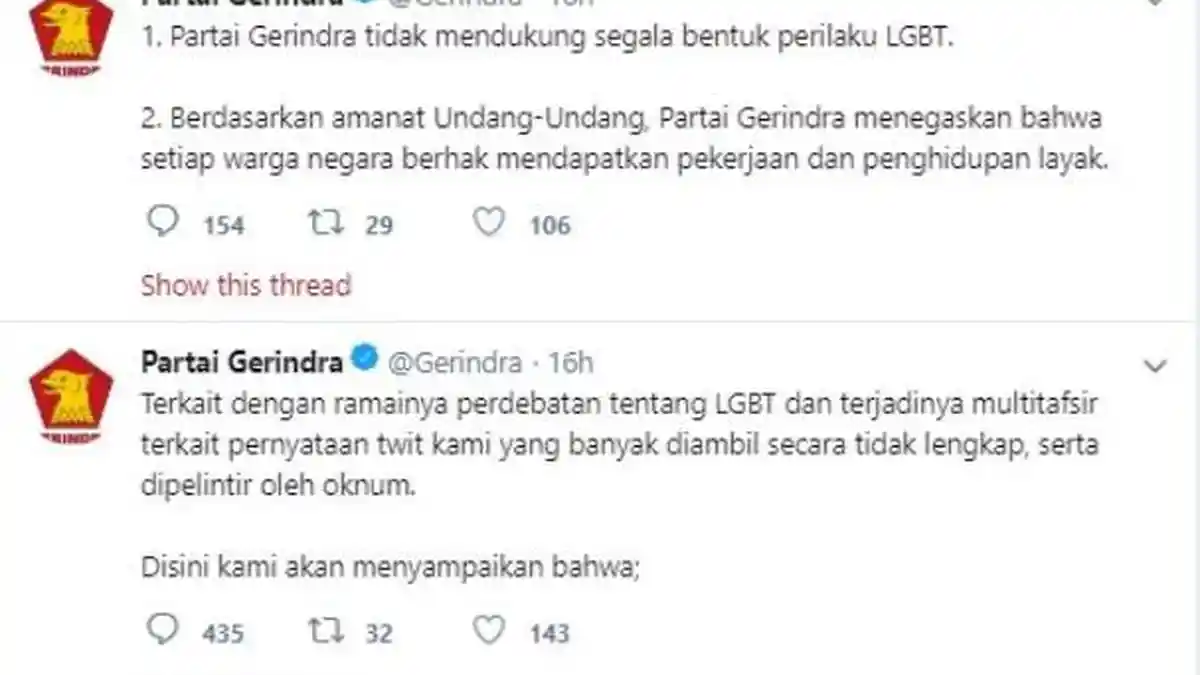 Usai Trending di Twitter, Gerindra Klarifikasi Soal Isu LGBT