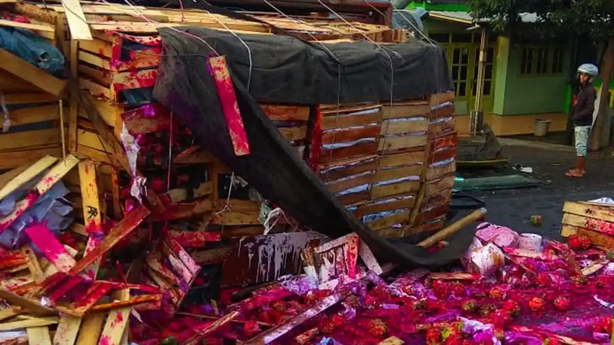 Truk Muatan Buah Naga Kecelakaan, Rembesan Cairan Merah Kental Dipikir Darah