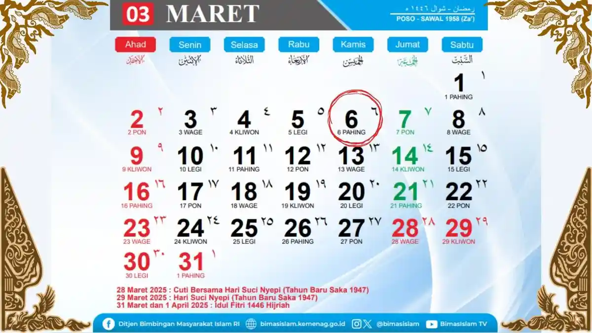 Kalender 2025: Penanggalan Jawa Weton 6 Maret, Apakah Hari Baik atau Hari Kurang Baik?