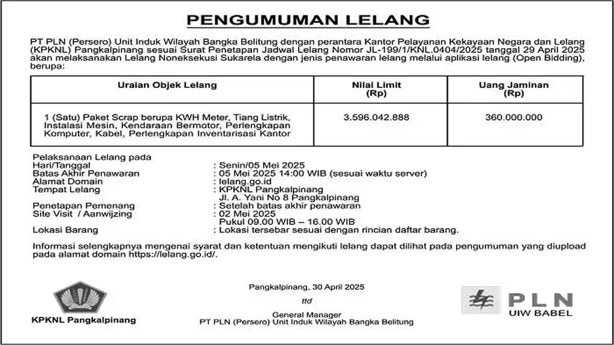 PLN Babel Lelang Barang Scrap, Digelar 5 Mei di KPKNL Pangkalpinang