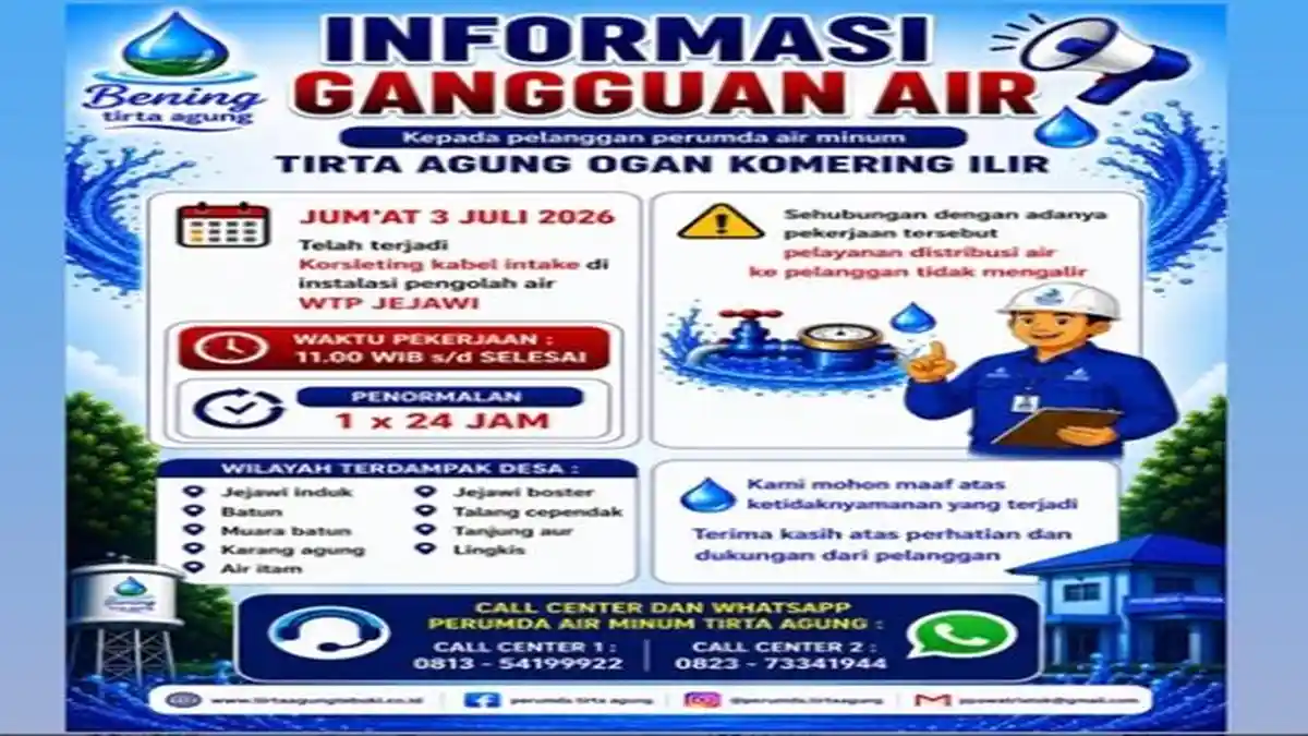 Info Gangguan Air PDAM Tirta Agung Kab. OKI Hari Ini, Berikut Daftar Wilayah Terdampak - Tribunsumsel.com
