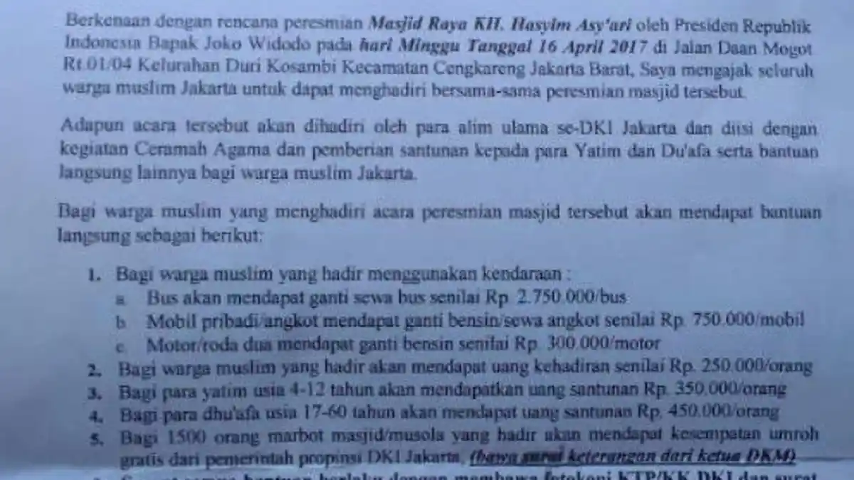 Beredar Surat Ahok Bayar Massa Hadiri Peresmian Masjid Raya, Djarot: Itu Kampanye Hitam