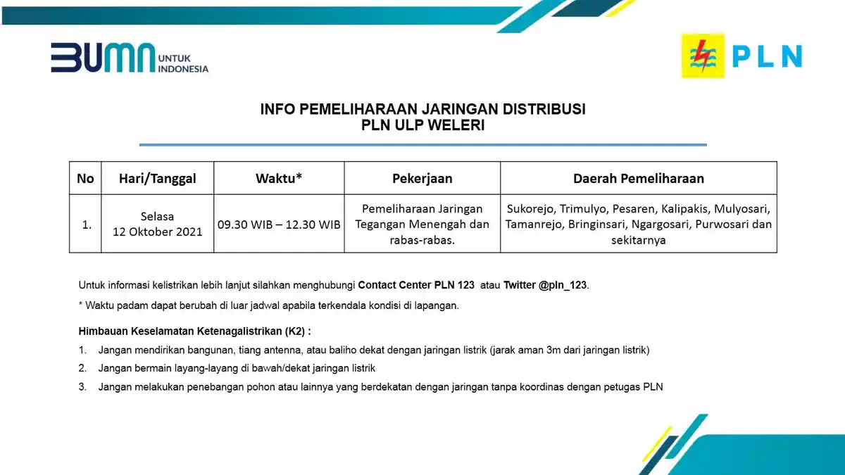 Info Pemeliharaan Jaringan Listrik PLN ULP Weleri Selasa 12 Oktober 2021