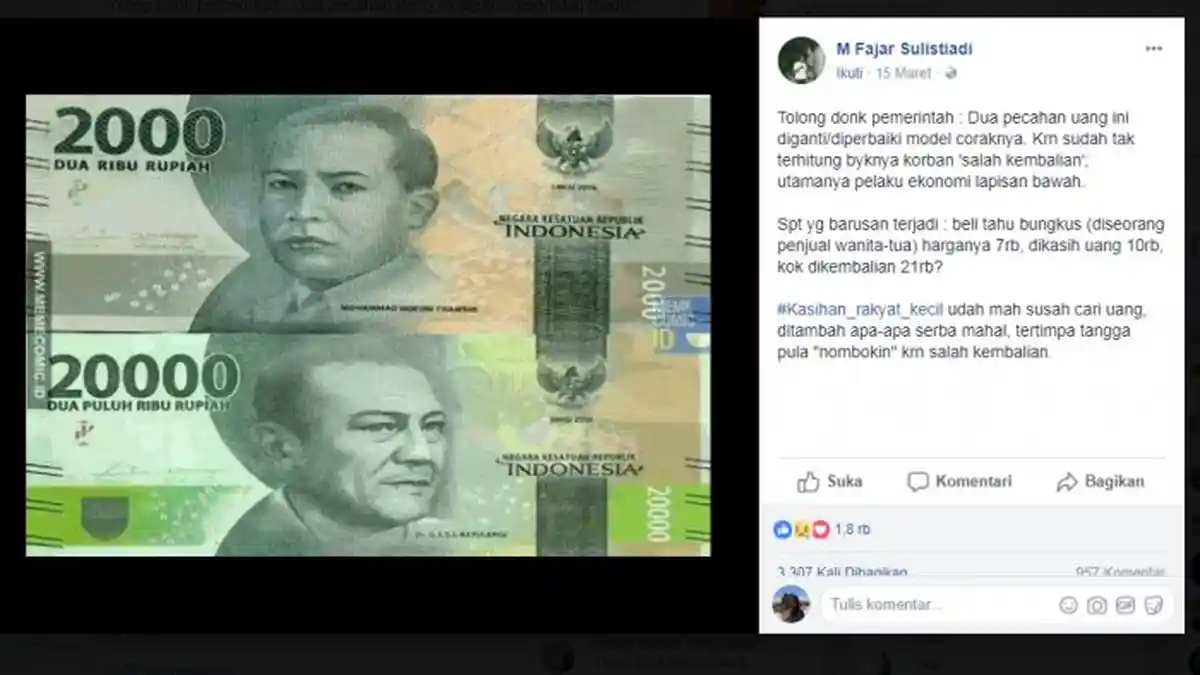 VIRAL - Curhat Soal Uang Baru Rp 2 Ribu dan Rp 20 Ribu Sering Tertukar, Begini Kisah Warganet