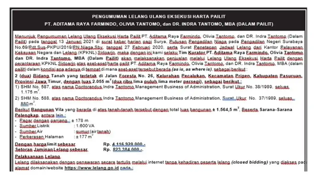 Pengumuman Lelang Ulang Eksekusi Harta Pailit PT Aditama Raya Farmindo di Pasuruan