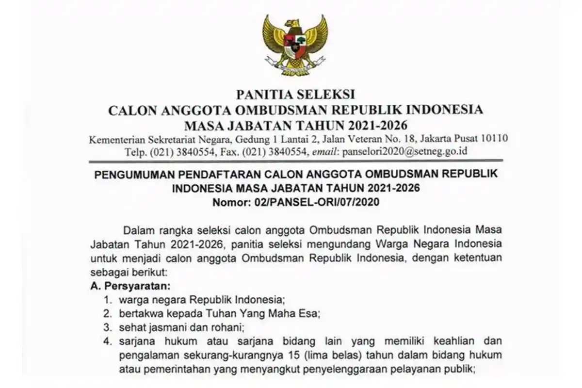 KABAR GEMBIRA! Ombudsman Buka Pendaftaran Anggota Masa Tugas 2021-2026, Mulai 27 Juli Anda Tertarik?