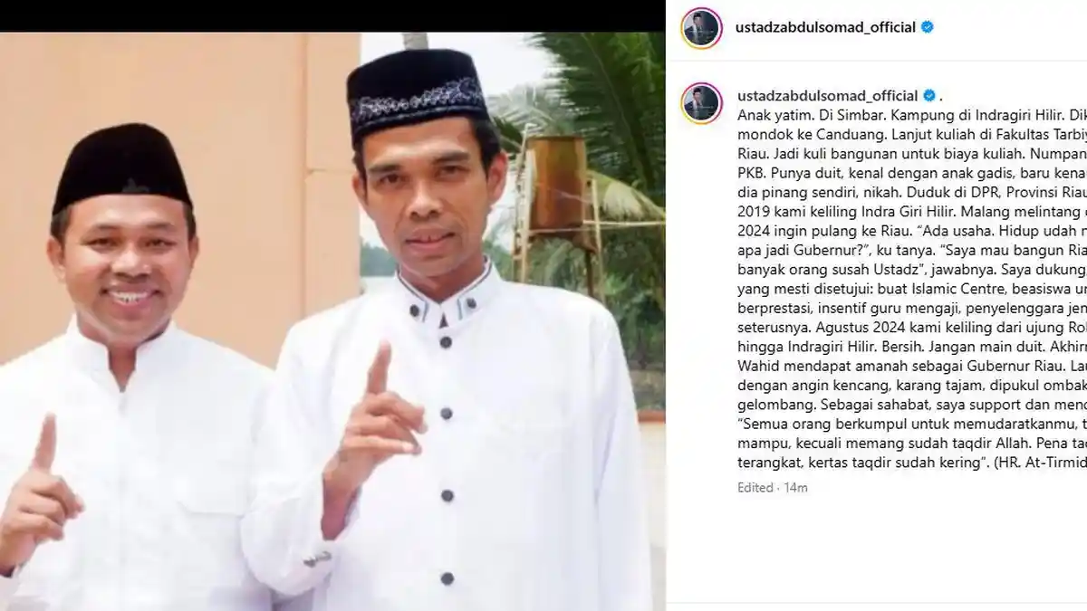 Gubri Abdul Wahid Terjaring OTT KPK, Ustadz Abdul Somad Pernah Ingatkan Jangan Main Duit