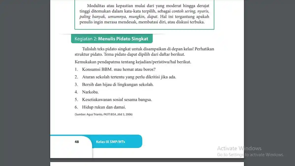 Kunci Jawaban Bahasa Indonesia Kelas 9 Halaman 48, Kegiatan 2: Menulis Pidato Singkat