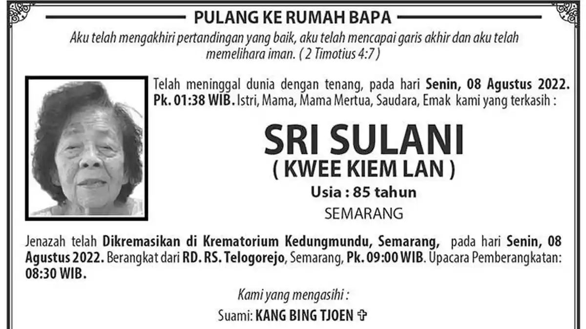 Berita Duka, Sri Sulani (Kwee Kiem Lan) Meninggal Dunia di Semarang