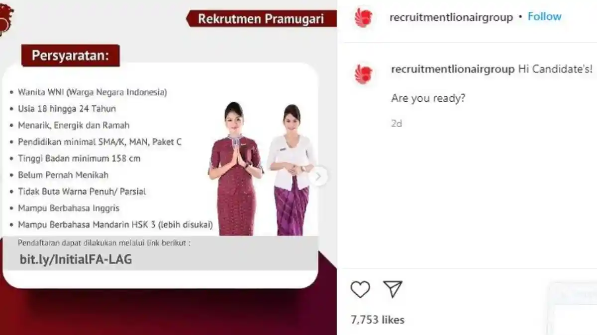 Lowongan Kerja Lion Air untuk Lulusan SMA/SMK, Posisi Pramugari dan Pramugara