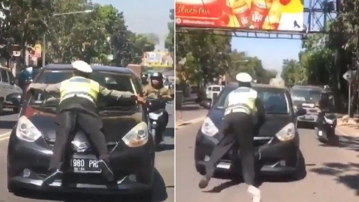Polisi Menempel di Kaca Depan Mobil, Cegat Pengendara Diduga Hendak Kabur