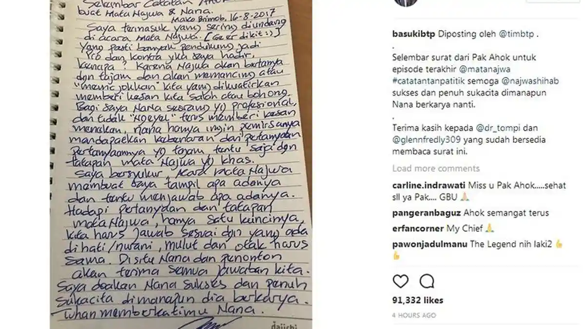 Ini Tulisan Tangan Ahok untuk Najwa Shihab