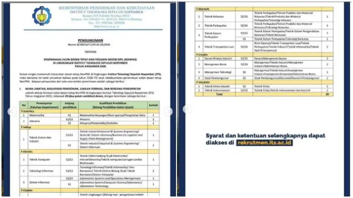 ITS Buka Rekrutmen Calon Dosen Tetap Non PNS, Pendidikan S2 & S3, Daftar Online hingga 20 Agustus