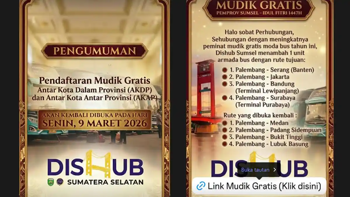 Link dan Cara Daftar Mudik Gratis Sumsel Lebaran 2026, Rute Serang, Jakarta Hingga Surabaya