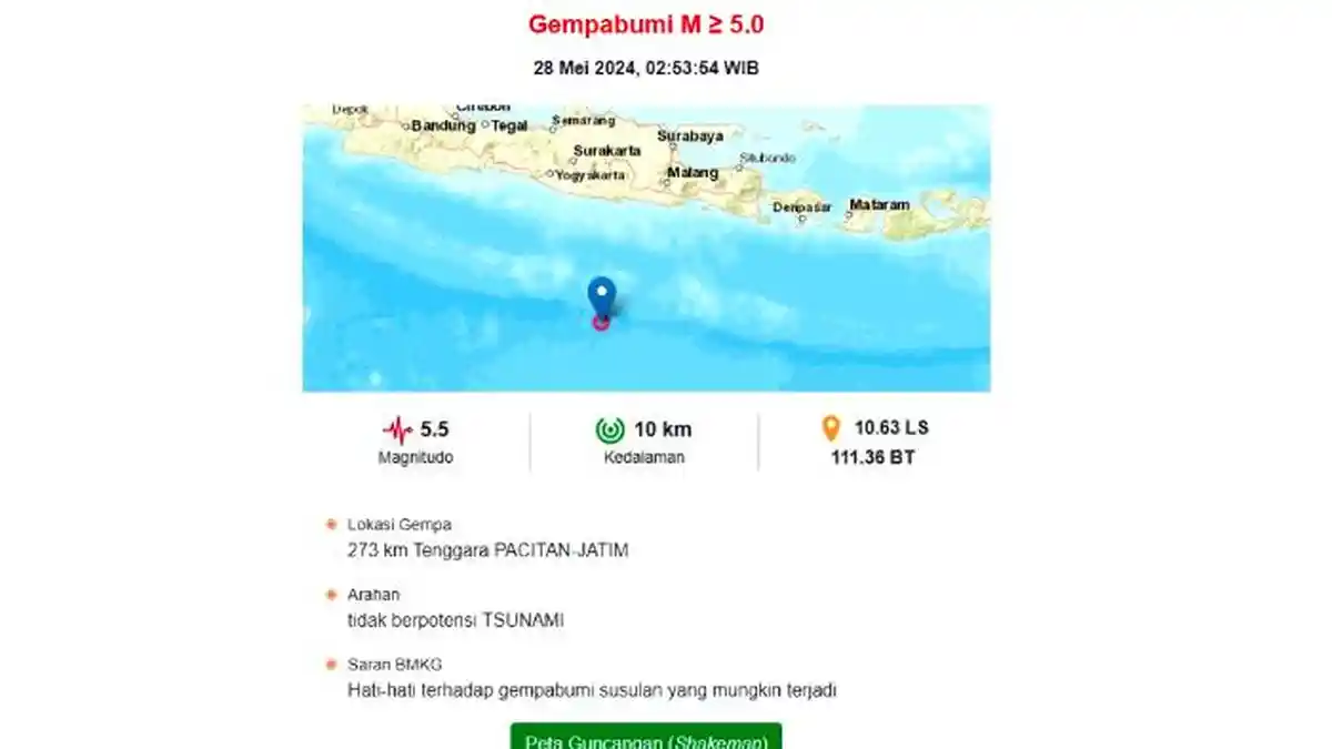 Gempa M 5,5 Guncang Pacitan Jawa Timur, Dini Hari Ini, BMKG: Tidak Berpotensi Tsunami