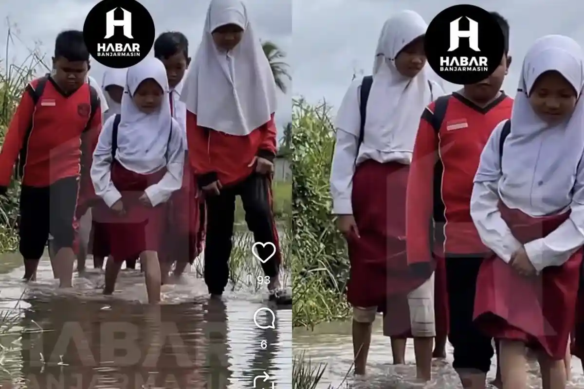 Murid SDN Basirih 10 Banjarmasin Terjang Banjir Menuju Sekolah, Mohon pada Hj Ananda Perbaiki Jalan