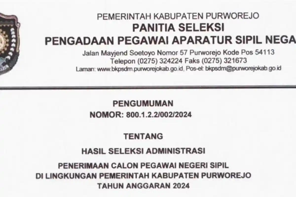 Link Download PDF Hasil Seleksi Administrasi CPNS 2024 Pemkab Purworejo: 33 MS dan 3 TMS