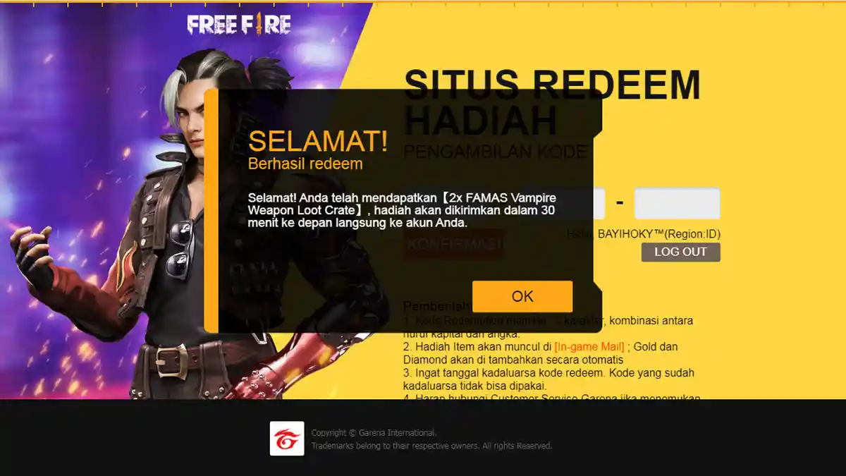 Update Kode Redeem Free Fire (FF) Event 14 Maret 2020, Dapatkan Skin 2x FAMAS Vampire Weapon