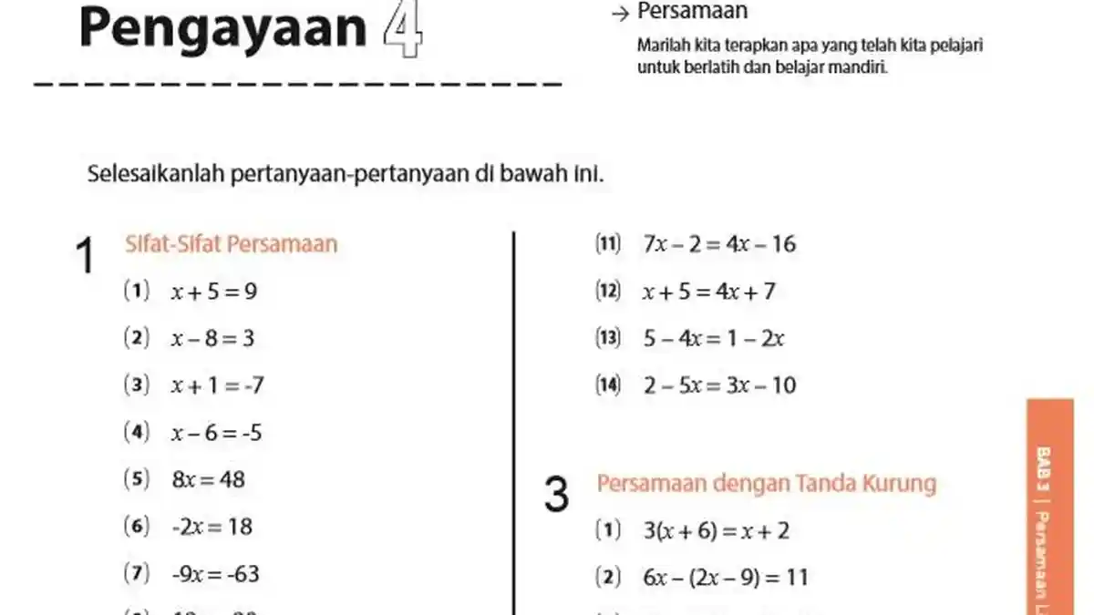 Kunci Jawaban Matematika Kelas 7 Halaman 107 Pengayaan 4, Kurikulum Merdeka: Persamaan