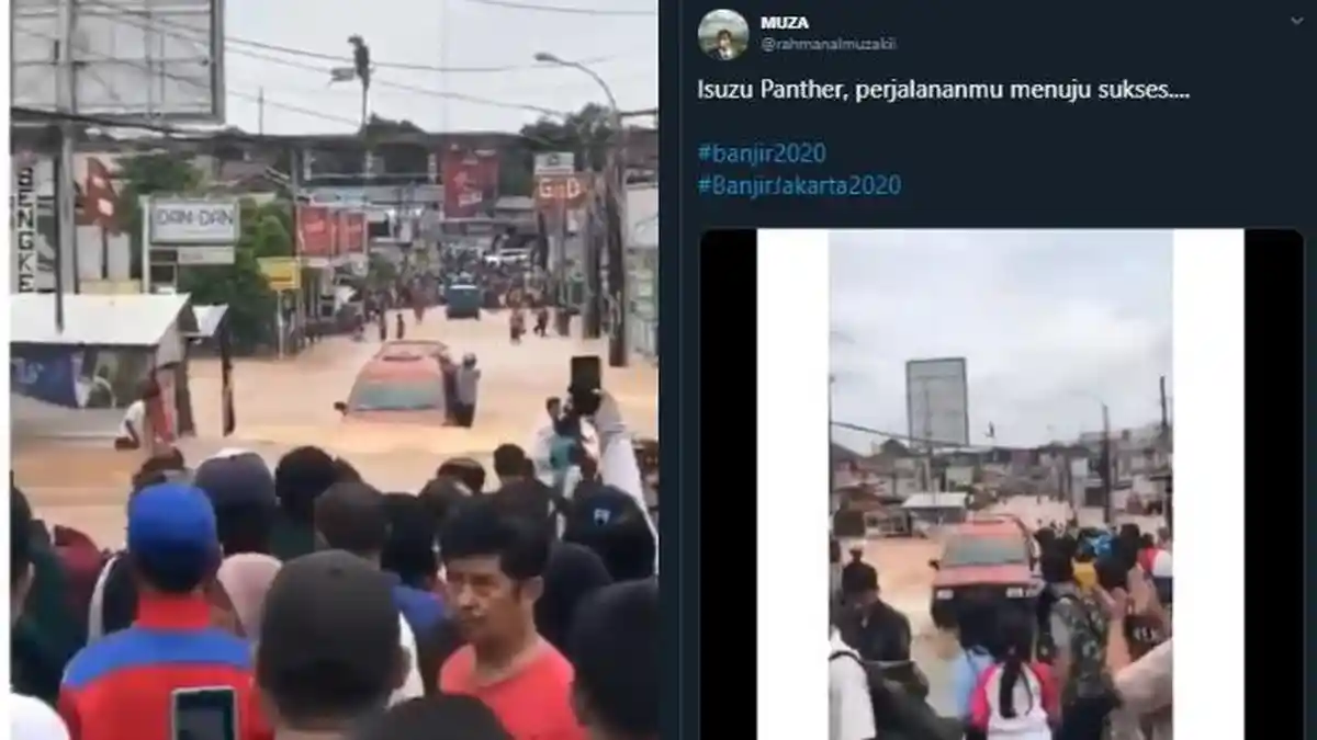 Viral Video Angkot Isuzu Panther Merah Berhasil Terobos Genangan Banjir, Warga Sambut Meriah