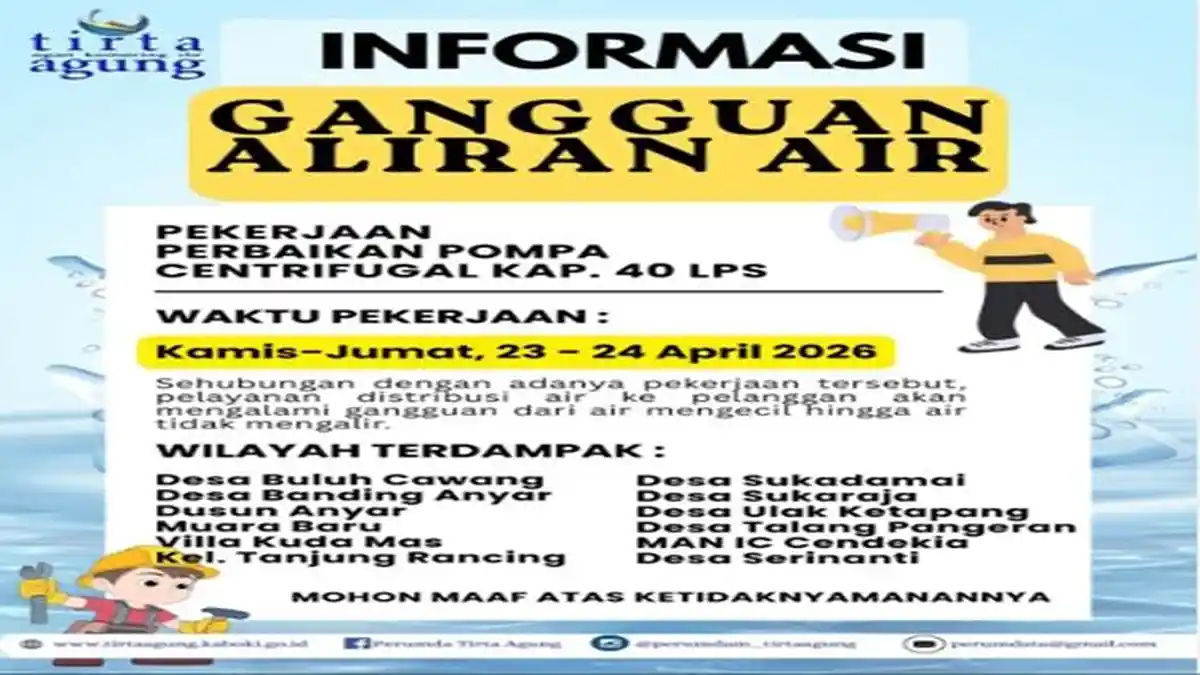 Info Gangguan Air PDAM Tirta Agung Kab. OKI Hari Ini Jumat 24 April 2026, Berikut Wilayah Terdampak