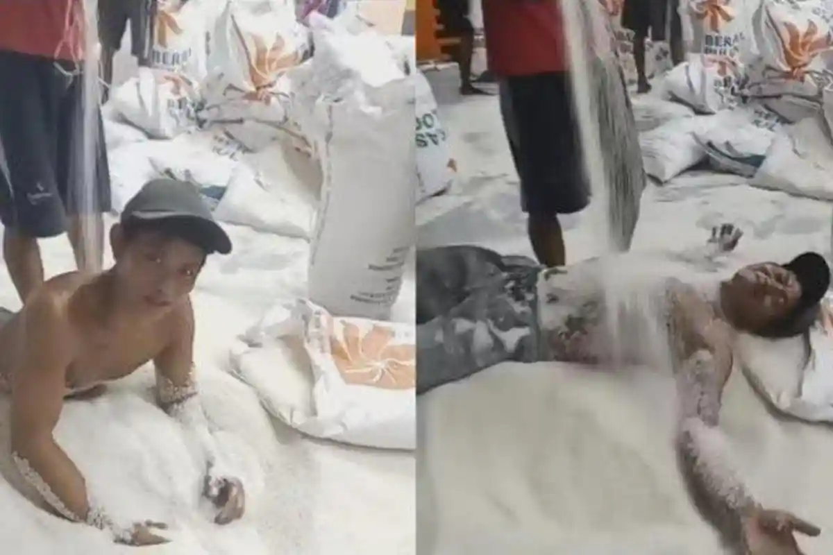 'JOROK!' Pria Telanjang Berguling-guling di Tumpukan Beras Bulog, Padahal Mau Dikarungi: Mandi Beras