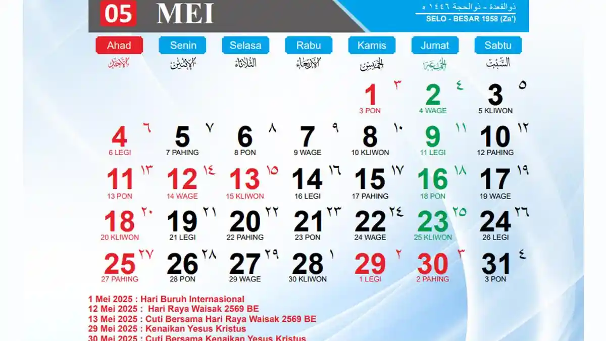 Kalender Mei 2025, Ada 5 Tanggal Merah Hari Buruh, Hari Raya Waisak dan Hari Kenaikan Yesus Kristus