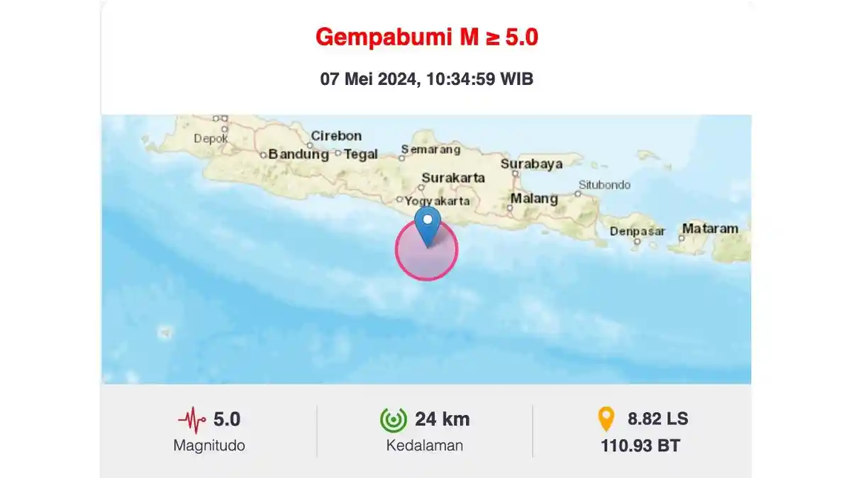INFO Gempa Hari Ini 7 Mei 2024 Jam 10:34 WIB, Pusat di Pacitan Jawa Timur, Kekuatan 5.0 Magnitudo