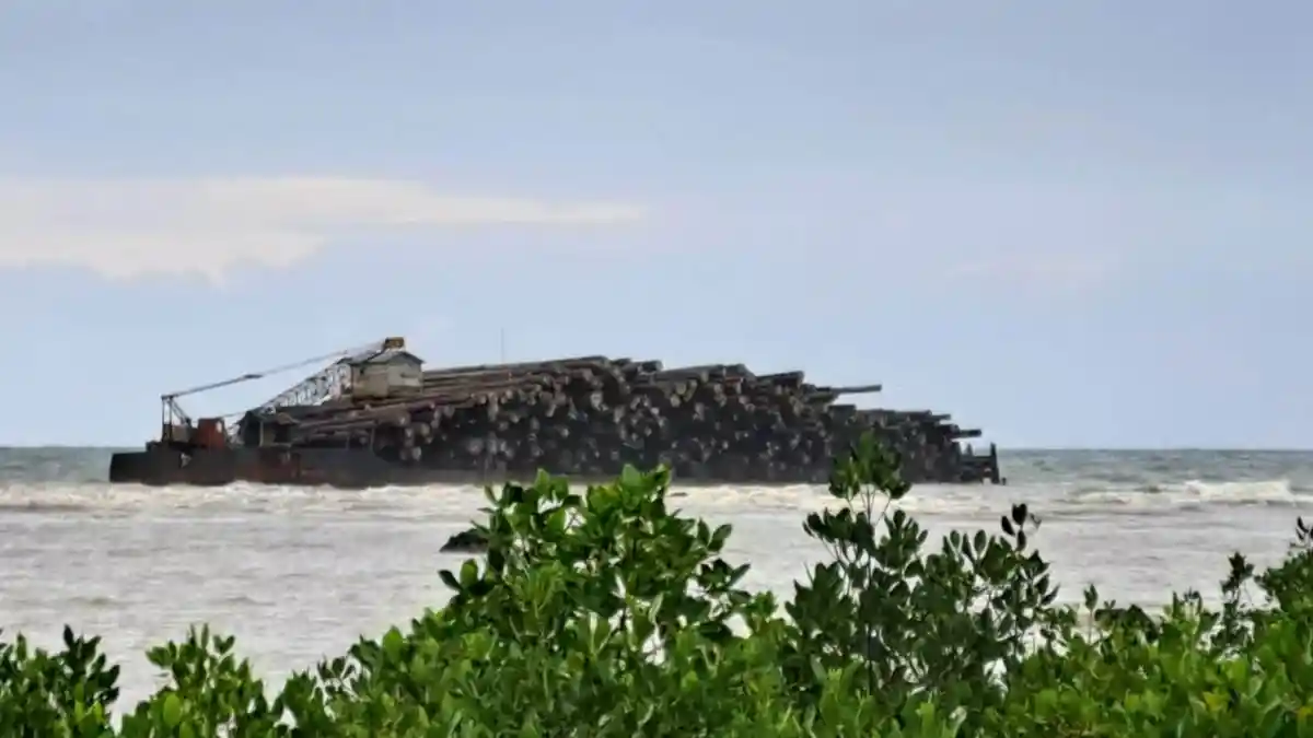 Tongkang Kayu dari Kalimantan Terdampar di Pantai Pungkruk, Kehabisan BBM saat Cuaca Buruk