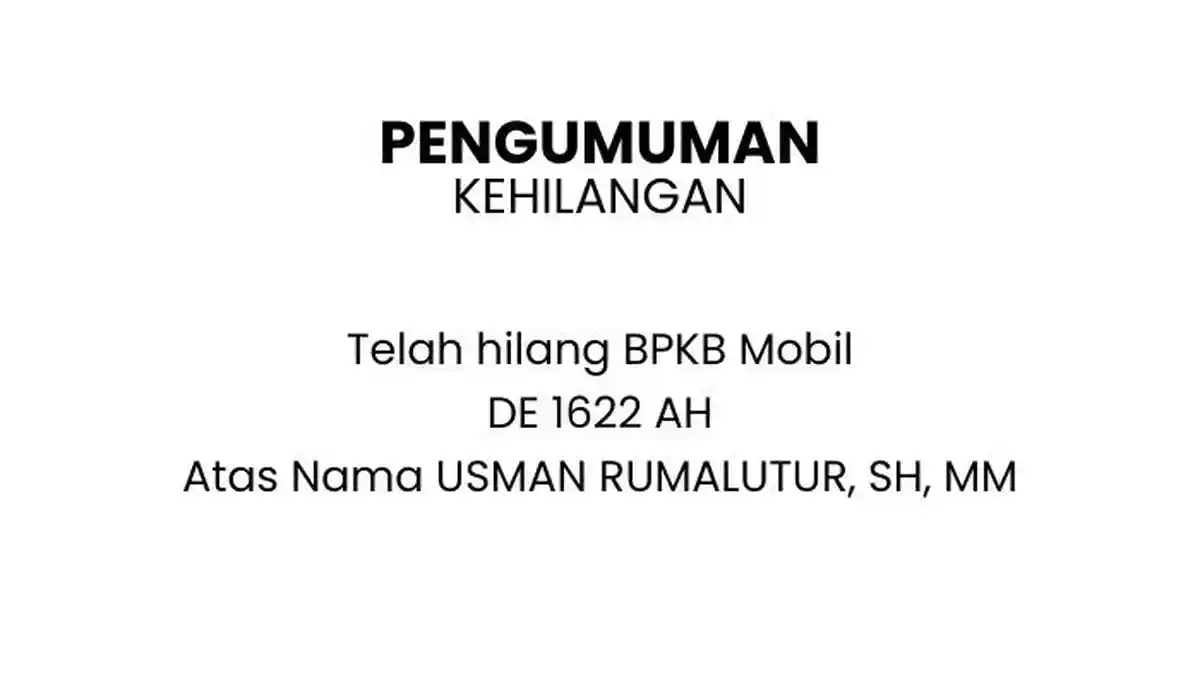 Berita Kehilangan BPKB Mobil Atas Nama USMAN RUMALUTUR