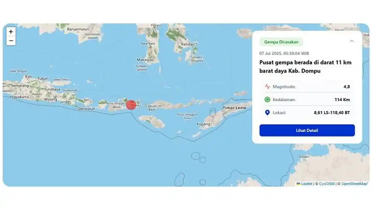 Gempa M 4,8 Guncang NTB Pagi Ini, BMKG: Pusat Gempa di Darat
