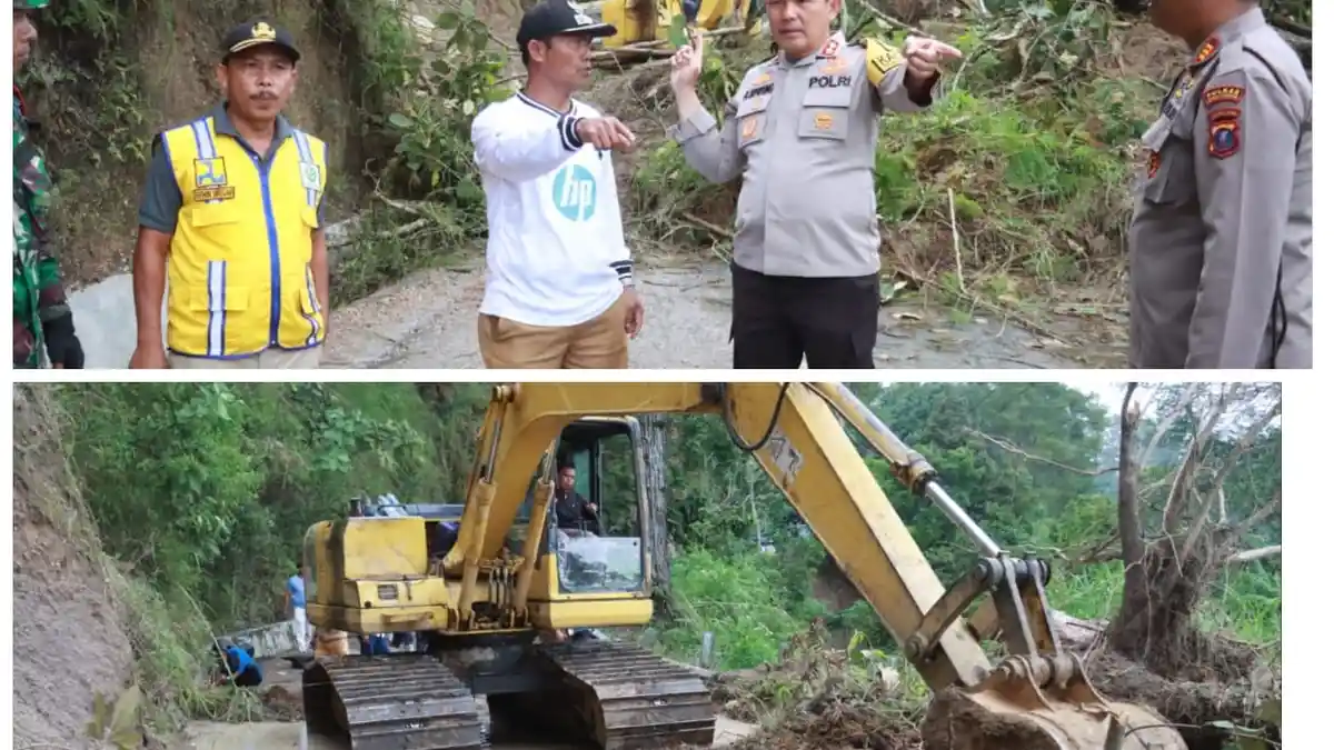 Jalan Penghubung Nagori Purba Sipinggan-Haranggaol Longsor, AKBP Ronald Pimpin Pembersihan Material