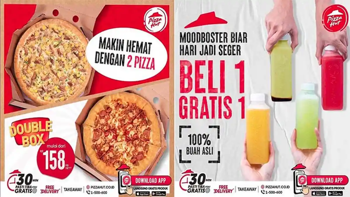 UPDATE PROMO PIZZA HUT 21 Desember 2021, Double Box Pizza Rp 158 Ribuan & Beli 1 Gratis 1 Jus Segar