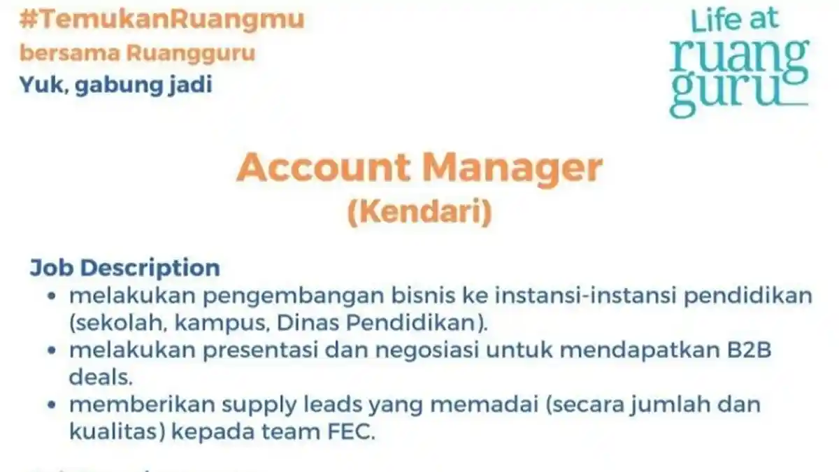 Lowongan Kerja Kendari, Ruangguru Buka Loker Account Manager dan Coach Field Education Consultant