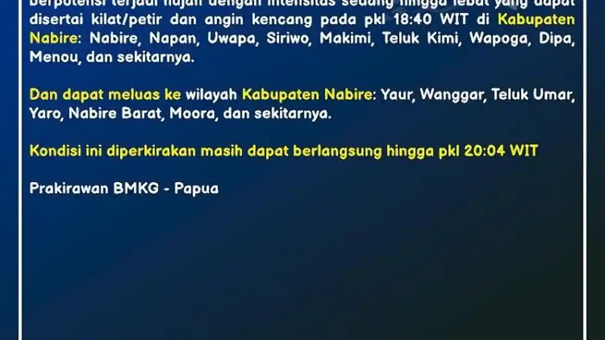 Potensi Hujan Lebat dan Angin Kencang Ancam Kabupaten Nabire Sore Hingga Malam Hari