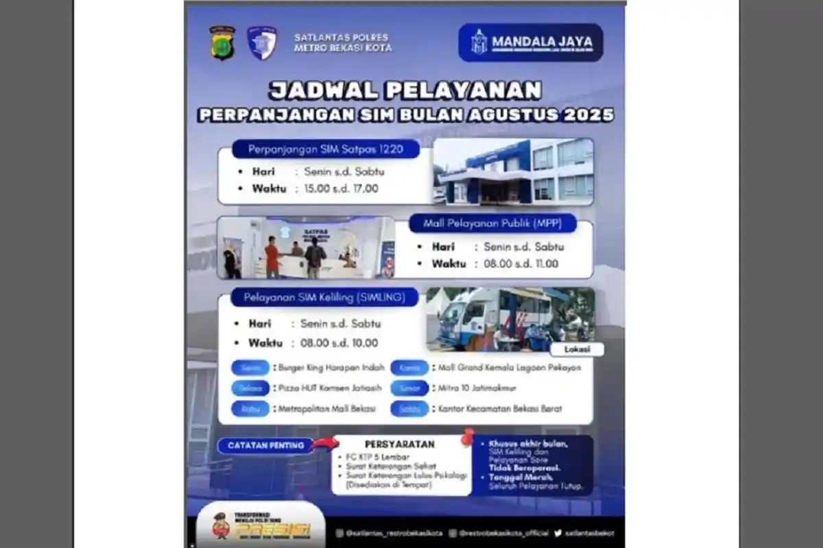 SIM Keliling Kota Bekasi, Sabtu 16 Agustus 2025, Simak Lokasinya