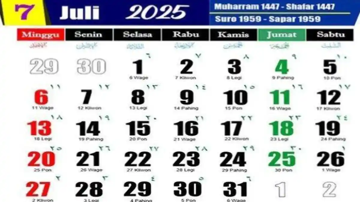 Kalender Jawa dan Hijriah Bulan Juli 2025 Tanggal 1 Sampai 31, Lengkap dengan Weton dan Hari Pasaran