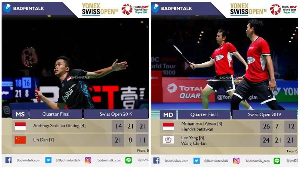 Hasil Swiss Open 2019 Babak Perempat Final - Ahsan/Hendra Gugur, 3 Pemain Indonesia ke Semi Final