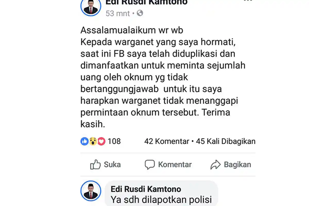 Wali Kota Edi Kamtono Jadi Korban Kejahatan Siber, Akun Facebook di Duplikasi dan Meminta Uang