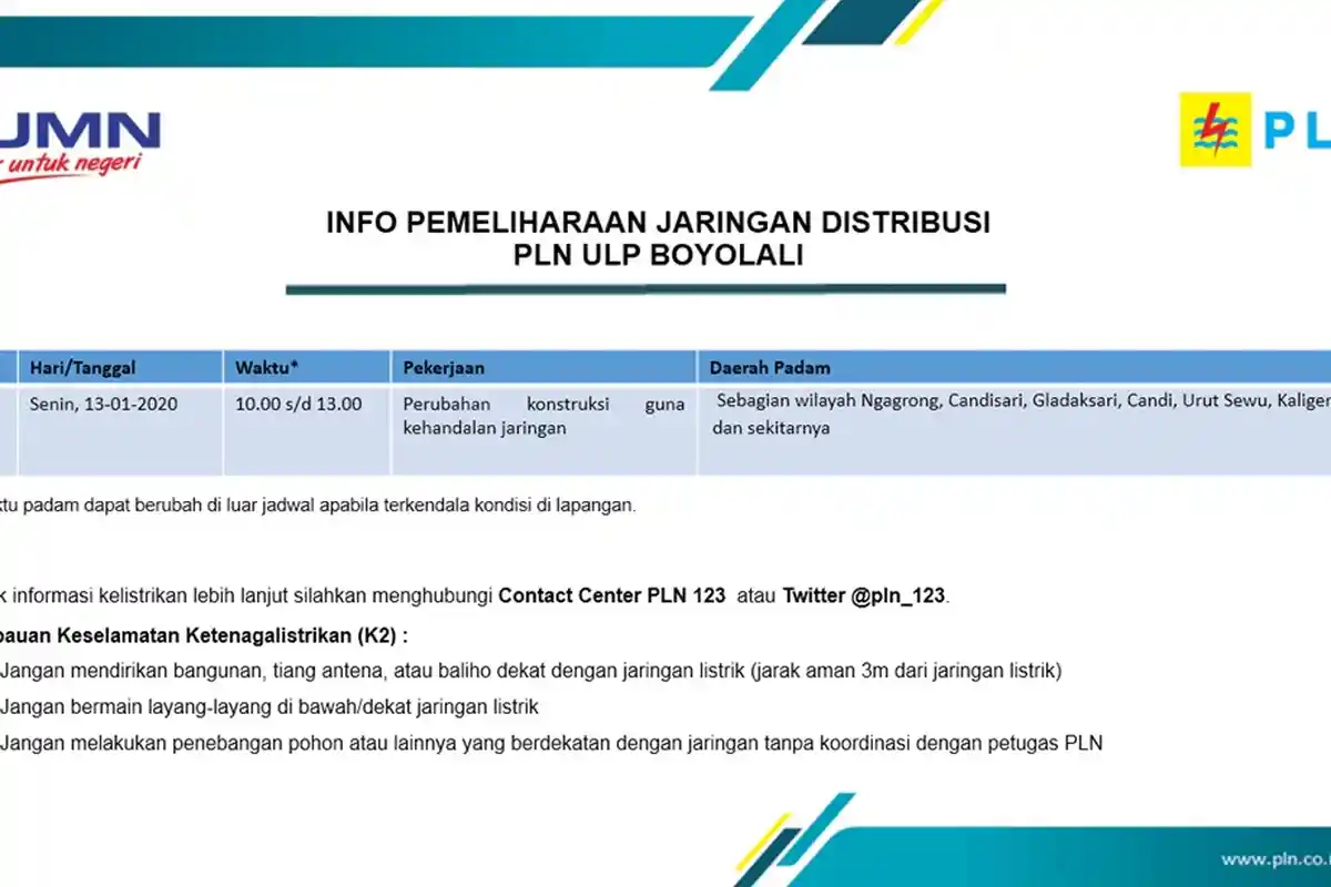 Info Pemeliharaan Jaringan Listrik PLN ULP Boyolali, Kamis 13 Januari 2020