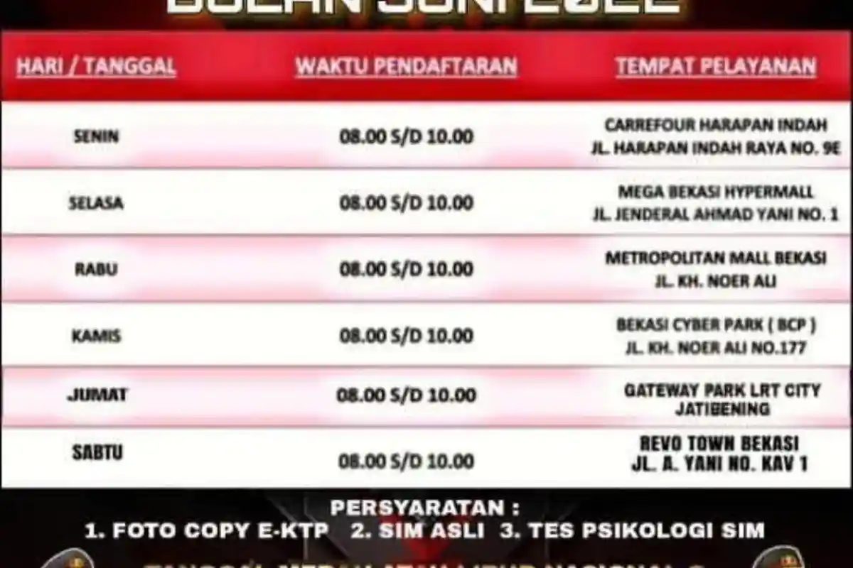 SIM Keliling Kota Bekasi Jumat 17 Juni 2022 di Gateway Park LRT City Jatibening Hingga Pukul 10.00