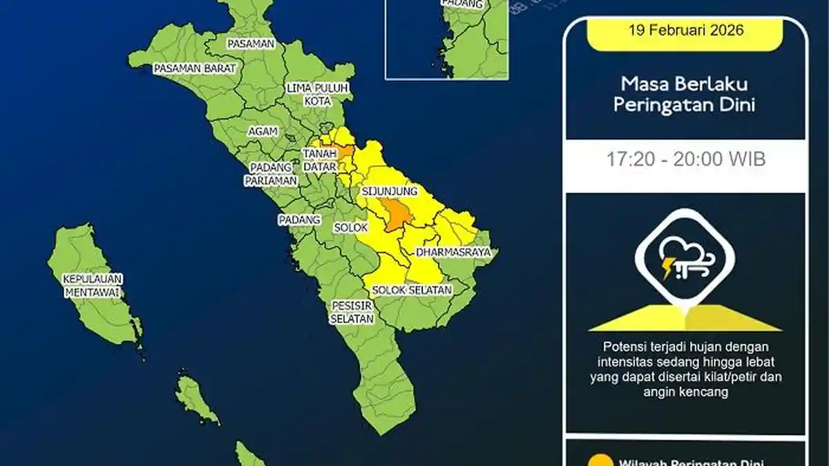 Peringatan Dini Cuaca Sumbar hingga Pukul 20.00 WIB, Hujan Lebat Guyur Sijunjung dan Tanah Datar