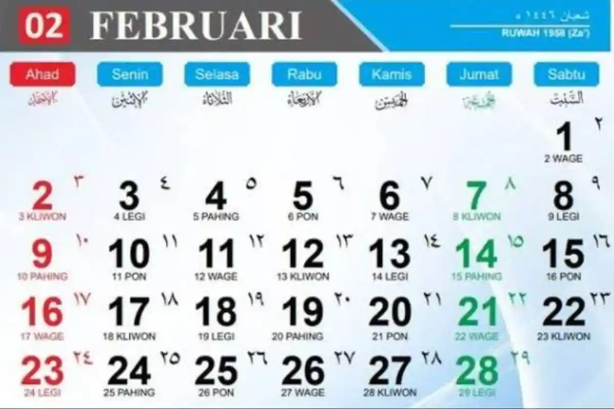 Kalender Jawa Februari 2025 Lengkap dengan Weton, Ada Libur Nasional Bulan Ini?