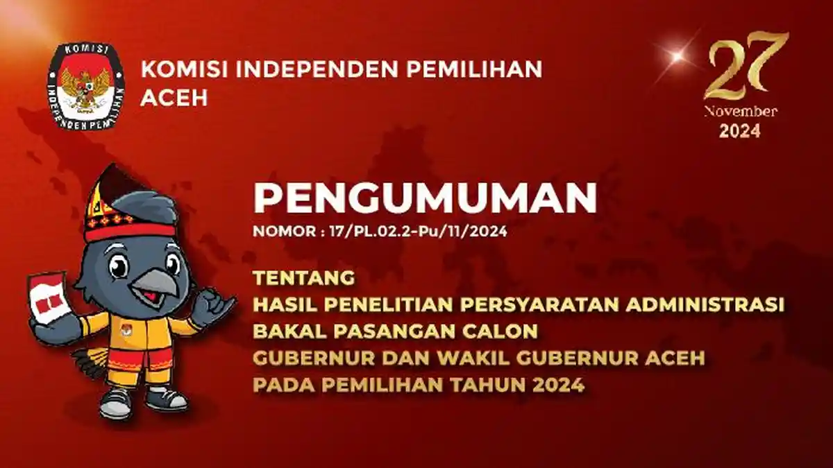 KIP Aceh Umumkan Hasil Penelitian Administrasi Calon Gubernur dan Wakil Gubernur 2024