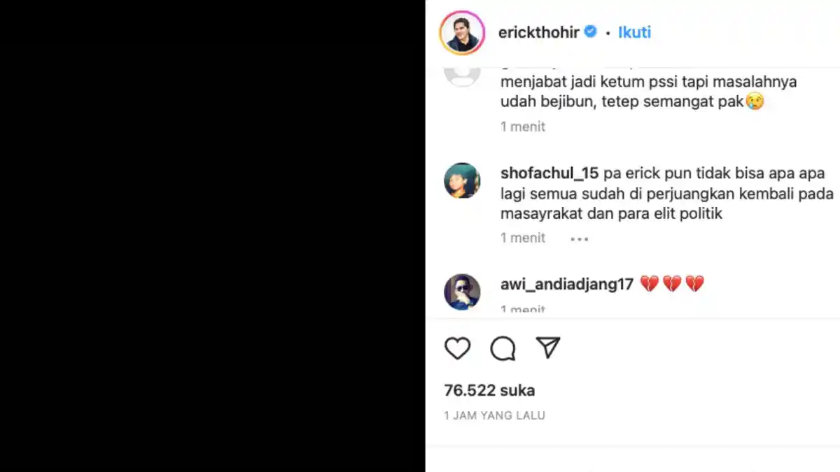 Unggah Foto Gelap usai Indonesia Batal Tuan Rumah Piala Dunia U-20: Netizen Semangati Erick Thohir