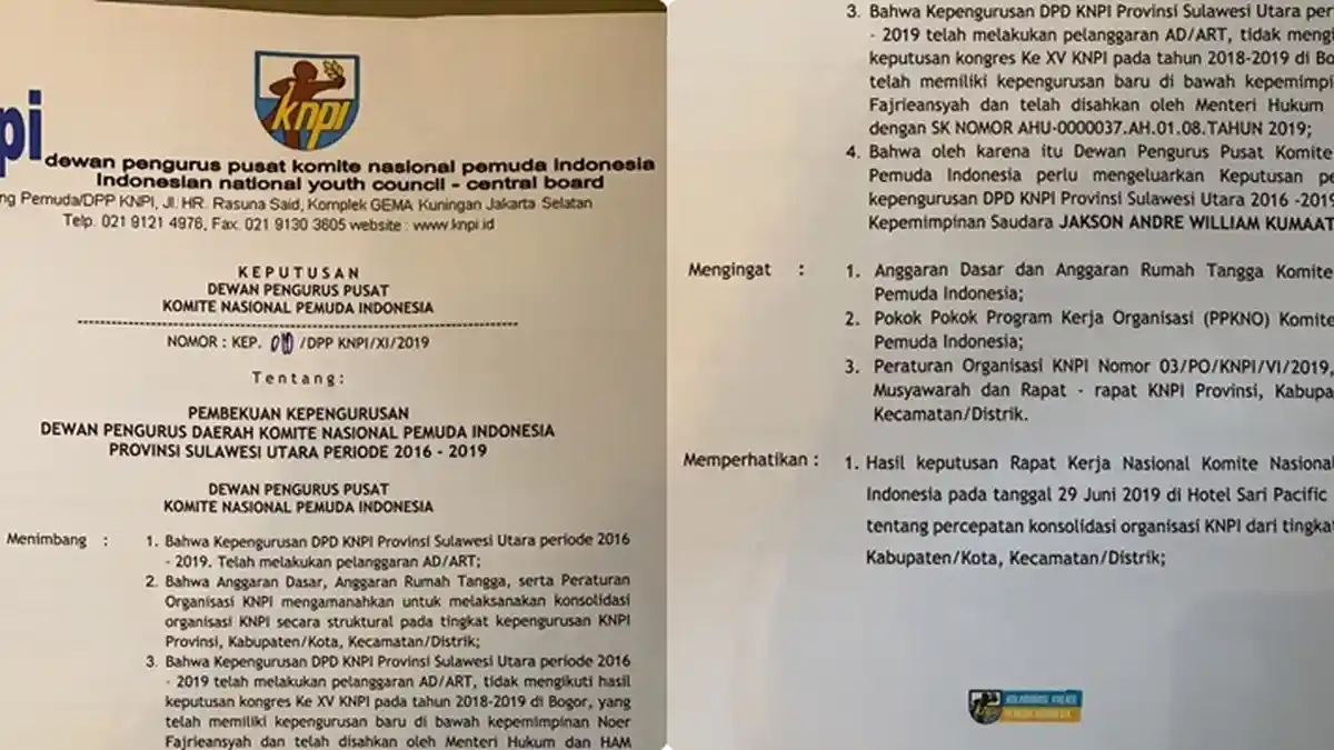KNPI Sulut Versi Jacko Dibekukan, Caretaker Pengurus Dialihkan ke Almanzo-Rio