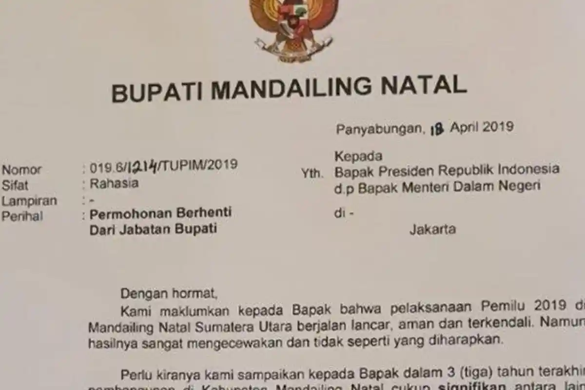 Tanggapi Surat Pengunduran Diri Bupati Mandailing Natal, Mendagri: Alasan Mundur Ini Tidak Lazim